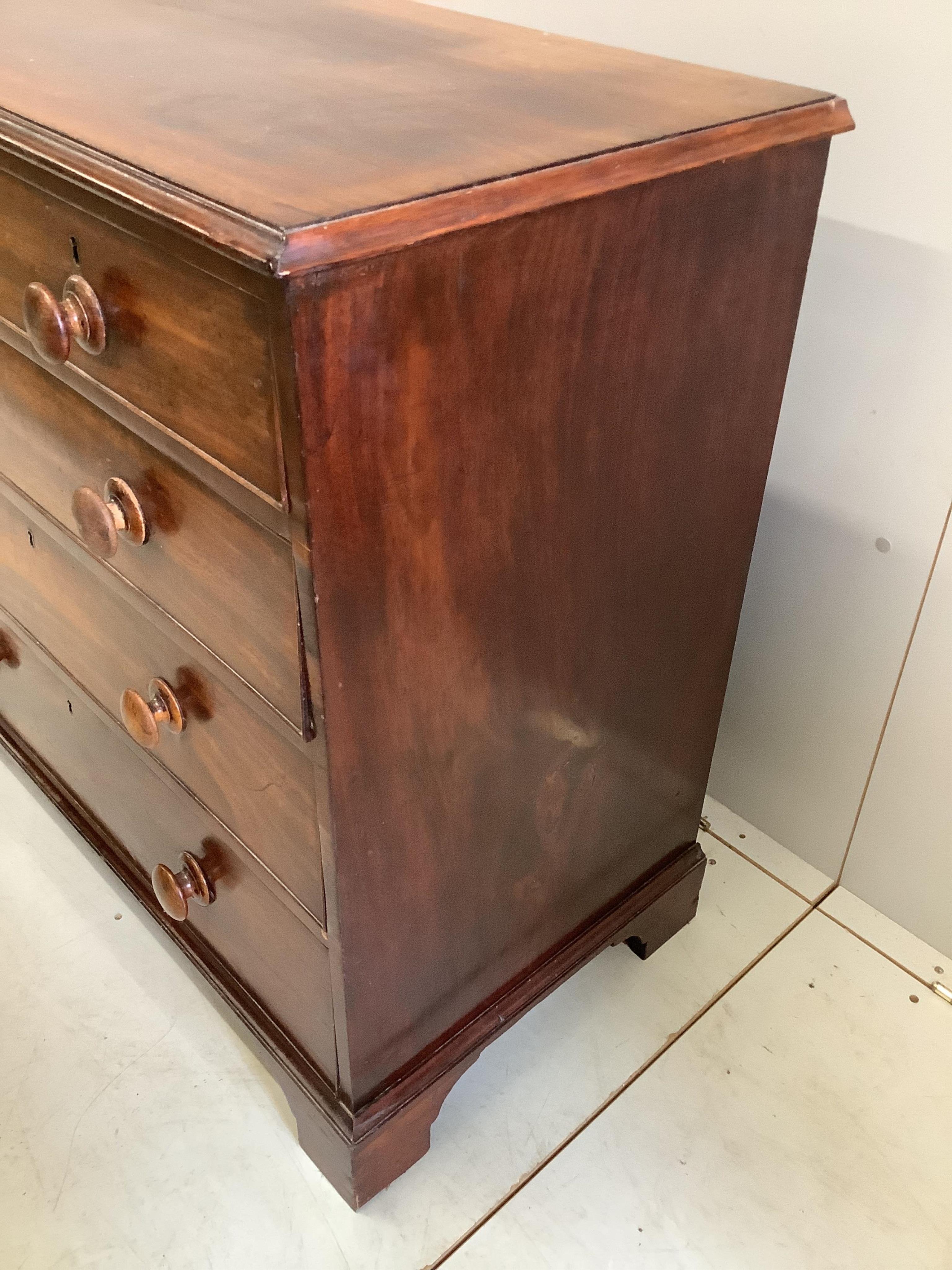 A small George IV mahogany chest of five drawers, width 94cm, depth 48cm, height 87cm. Condition - poor-fair